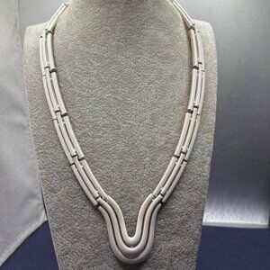 Stunning Vintage Crown Trifari Necklace White Enamel Triple Strand Open Tracks